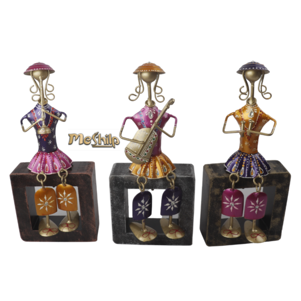 Iron Multi Color Decorative Leady Musician Show piece for home,Office  Decor,  Set of 3 With Wooden Stand