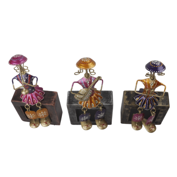 Iron Multi Color Decorative Leady Musician Show piece for home,Office  Decor,  Set of 3 With Wooden Stand