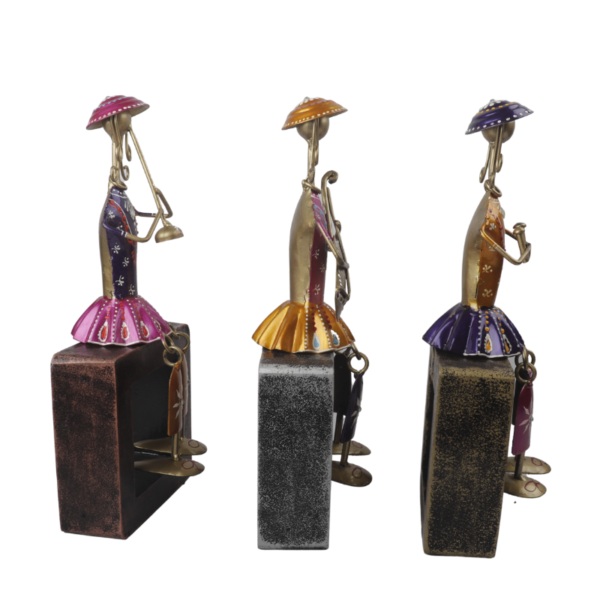 Iron Multi Color Decorative Leady Musician Show piece for home,Office  Decor,  Set of 3 With Wooden Stand